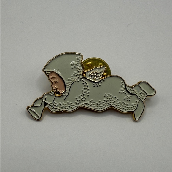 Department 56 Jewelry - Vintage Dept 56 Snowbabies Gold Tone Beige Enamel Statement Pin